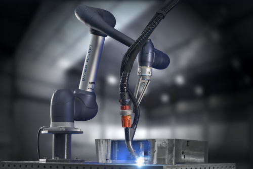 CLOOS ArcBoT collaborative welding robot in manufacturing setting