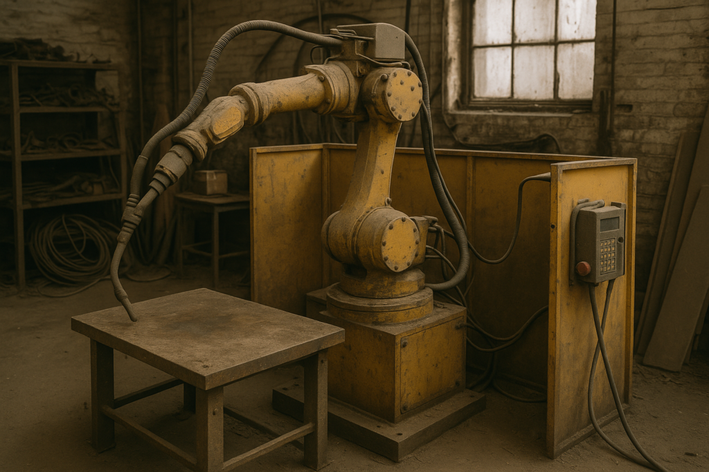 Idle CLOOS yellow robotic welding cell in a manufacturing environment