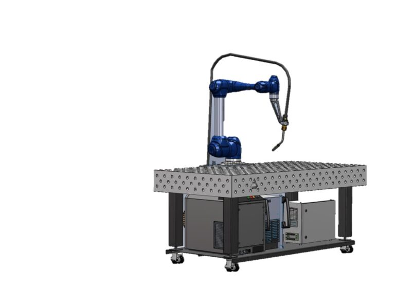 CLOOS ArcBoT collaborative welding cobot operating on fixture table