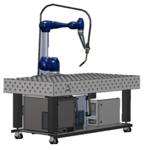 CLOOS ArcBoT collaborative welding cobot operating on fixture table